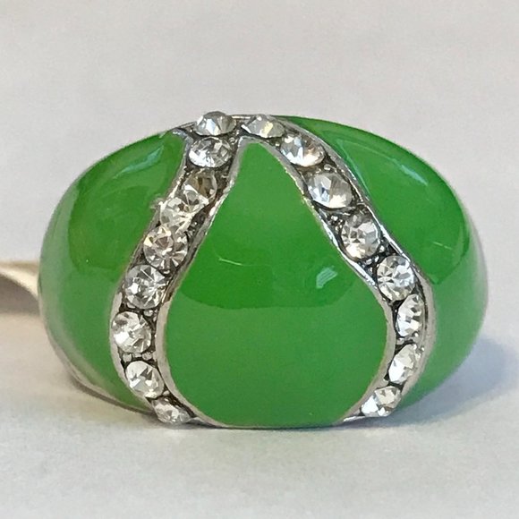 Vintage Green Enamel Cocktail Ring Silver Plated Crystal Rhinestone Size 8 Boho - Picture 2 of 12